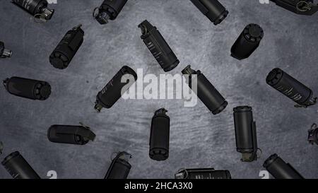 Animation of rotation, levitation of standard timed fuze hand grenades. Tear-gas hand grenades rotation on grey background. All explosives, weapon arm Stock Photo