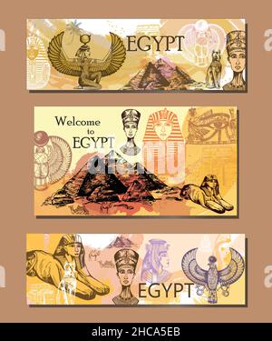 Set of hand drawn sketch style Egyptian themed posters. Vector illustration. Stock Vector