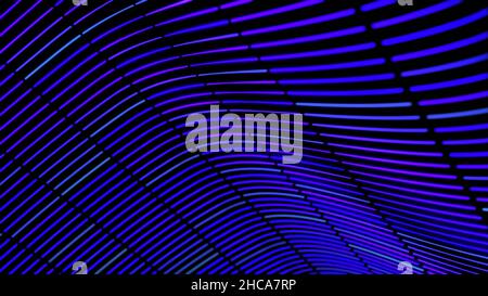 Futuristic technological concept, abstract wavy net of horizontal blue lines flowing on black background, seamless loop. Wavy texture of parallel stri Stock Photo
