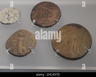 Close-up shot of old coins in Bath, UK Stock Photo