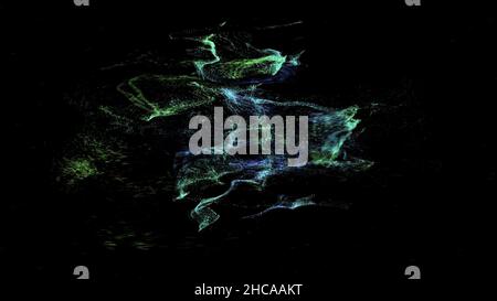 Abstract rotation of symbol of Android, logo made from small green flying particles on black background. Green android robot becoming a rotating cloud Stock Photo