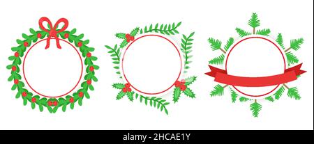 Spruce, berry, holly, yew, mistletoe and ivy flat template set isolated on white background. Christmas new year ornament with red ribbons for cards, websites. Design elements. Vector illustration Stock Vector