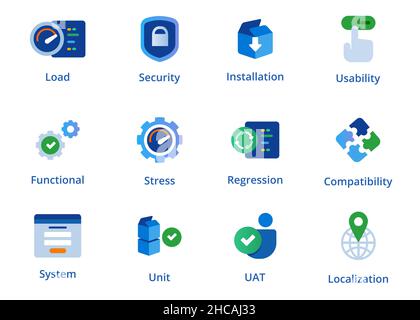 software testing type regression system usability stress load security test unit compatibility unit UAT icons Stock Vector