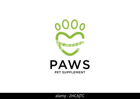 Letter E Love & Cat or Dog Paw Print, Pet Logo Design Stock Vector