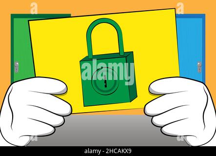 Hand holding banner with Padlock icon. Man showing billboard. Security, Safety concept. Stock Vector