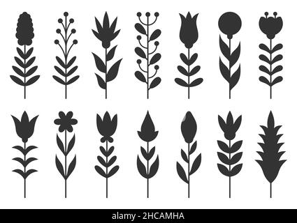 Flower leaf berry plant bloom black silhouette set. Deciduous branch wild summer object. Free nature element vintage sign. Simple design wedding pattern postcard invitation. Sprout isolated on white Stock Vector
