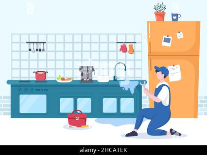 Plumbing Service with Plumber Workers Repair, Maintenance Fix Home and Cleaning Bathroom Equipment in Flat Background Illustration Stock Vector