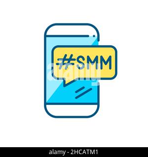 SMM hashtag message on a smartphone. Pixel perfect, editable stroke color icon Stock Vector