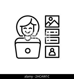 Woman working on a laptop creating media content. Pixel perfect, editable stroke icon Stock Vector