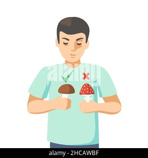 A young man holds a poisonous mushroom in one hand, an edible mushroom in the other.  Stock Vector