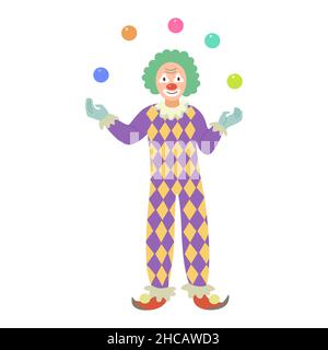 Joy juggling clown in green wig isolated on white background. Stock Vector