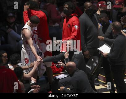 Cleveland, United States. 26th Dec, 2021. Toronto Raptors head coach Nick Nurse coaches during a time out against the Cleveland Cavaliers at Rocket Mortgage FieldHouse in Cleveland, Ohio on Sunday, December 26, 2021. Photo by Aaron Josefczyk/UPI Credit: UPI/Alamy Live News Stock Photo