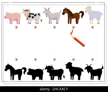 A logical game for children to find the right shadow. Find shade for cute farm animals, goat, sheep, pig, cow, horse. Stock Vector