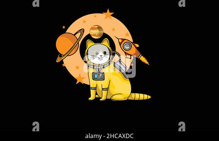 astronaut cat character with rockets and stars design monogram vector template Stock Vector
