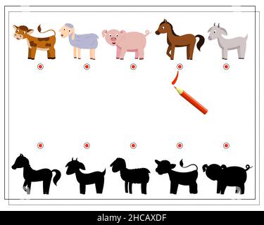 A logical game for children to find the right shadow. Find shade for cute farm animals, goat, sheep, pig, cow, horse. Stock Vector