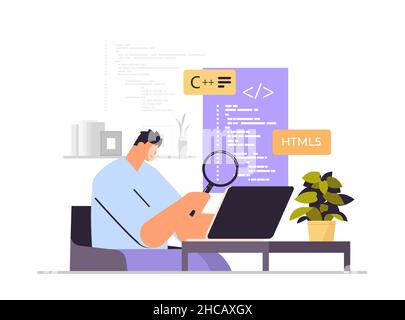 web developer creating program code on laptop screen development of software and programming concept Stock Vector