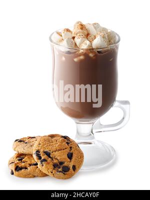hot cocoa with marshmallows in glass cup isolated on white Stock Photo