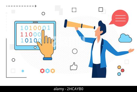 Quality software engineer testing development code. Tester reviewing source coding assurance activity Stock Vector