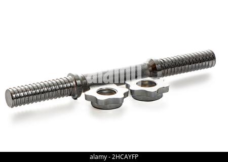 metal neck for dumbbells in disassembled form on a white isolated background Stock Photo