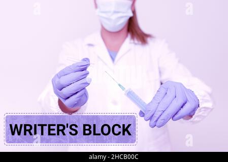 Inspiration showing sign Writer S Block. Business showcase Condition of being unable to think of what to write Preparing Medical Vaccine Presenting Stock Photo