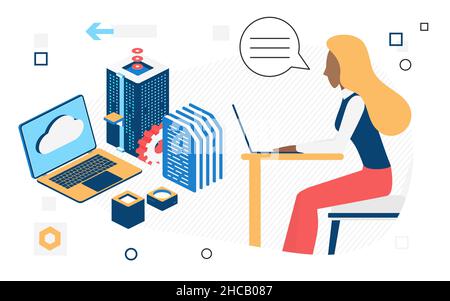 woman controls Internet server, she moderates data in cloud storage. Hosting provider, system administrator career, isometric vector isolated Stock Vector