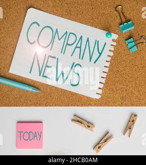 Text showing inspiration Company News. Word for Latest Information and happening on a business Corporate Report Flashy School Office Supplies Stock Photo