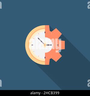 Efficiency, clock and gear vector icon, flat design, long shadow Stock Vector
