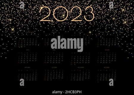 2023 calendar with luxury gold shiny glitter and flares, rich horizontal design for wall or table calendar planner. Stock Vector