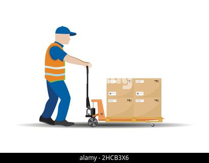 Manual hydraulic pallet truck, the worker moves the load. Storage equipment. Flat vector illustration. Stock Vector