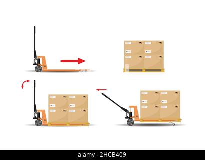 A set of vector images of the use of a hydraulic hand pallet truck. Storage equipment. Flat vector illustration. Stock Vector