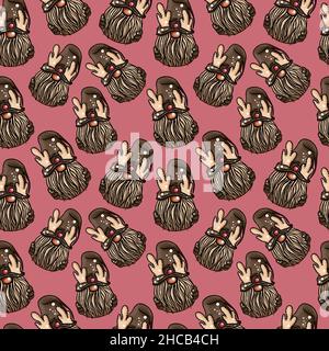 Seamless pattern illustration of a gnome with a beard in a hat. New year and christmas symbol on a pink background. High quality illustration Stock Photo