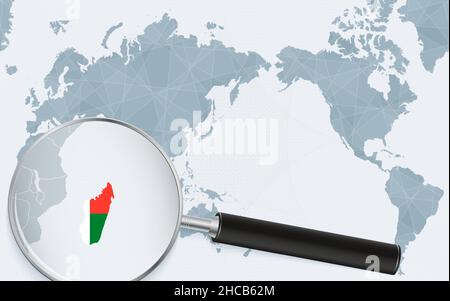 Asia centered world map with magnified glass on Madagascar. Focus on map of Madagascar on Pacific-centric World Map. Vector illustration. Stock Vector