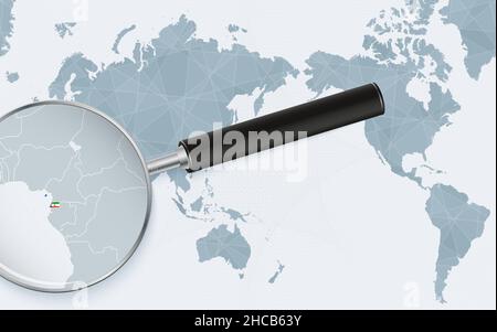 Asia centered world map with magnified glass on Equatorial Guinea. Focus on map of Equatorial Guinea on Pacific-centric World Map. Vector illustration Stock Vector