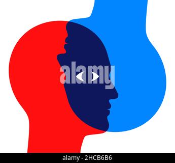 Two overlapping man heads, looking through each other, upside down, with one shared eye. Psychological concept vector illustration. Stock Vector