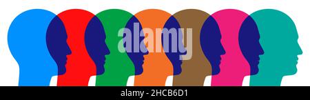 Human relations concept vector illustration, with overlapping colorful men heads united in a row. Stock Vector