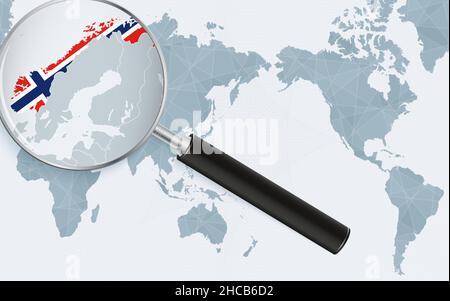 Asia centered world map with magnified glass on Norway. Focus on map of Norway on Pacific-centric World Map. Vector illustration. Stock Vector