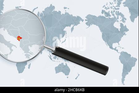 Asia centered world map with magnified glass on Montenegro. Focus on map of Montenegro on Pacific-centric World Map. Vector illustration. Stock Vector