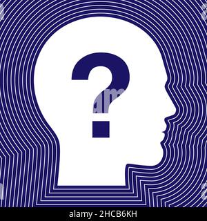 Man head with a question mark inside, and wave lines spreading around him. Psychological concept vector illustration. Stock Vector