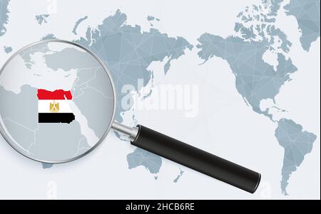 Asia centered world map with magnified glass on Egypt. Focus on map of Egypt on Pacific-centric World Map. Vector illustration. Stock Vector