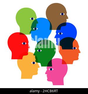 Civil society structure concept vector illustration, with colorful men heads, gathered as a bunch on a white background. Stock Vector