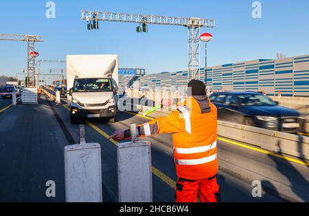 Recklinghausen, North Rhine-Westphalia, Germany - Barrier system on A43 due to dilapidated bridge to control vehicles over 3.5 tons between Recklingha Stock Photo
