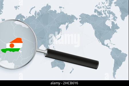 Asia centered world map with magnified glass on Niger. Focus on map of Niger on Pacific-centric World Map. Vector illustration. Stock Vector