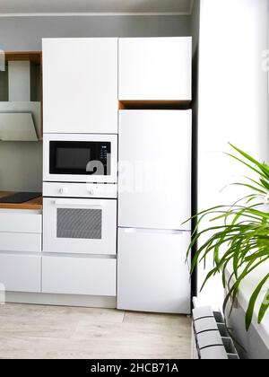 White kitchen Scandinavian interior with fridge, oven and microwave. Stock Photo