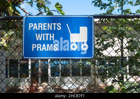 A sign marking a Parents with Prams parking space at the Willoughby Leisure Centre in northern Sydney, Australia Stock Photo