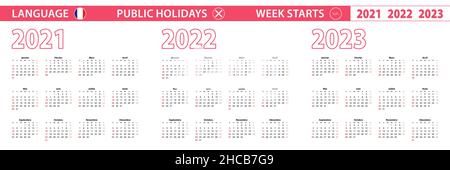 2021, 2022, 2023 year vector calendar in French language, week starts on Sunday. Vector calendar. Stock Vector