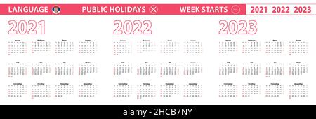 2021, 2022, 2023 year vector calendar in Serbian language, week starts on Sunday. Vector calendar. Stock Vector