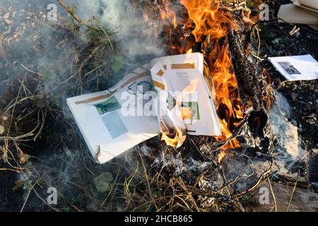 burning textbook on photography in fire on pile of trimmed branches in country garden on sunny day Stock Photo