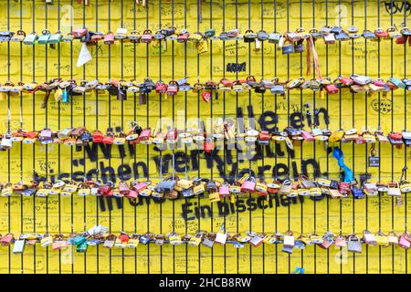 Love locks at the 'Echte Liebe' (true love) fan wall also called 'wall of love' at Signal Iduna Park, Borussia Dortmund BVB09 football club stadium, G