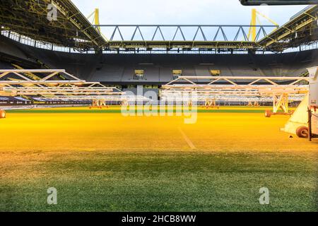 Empty Borussia Dortmund BVB 09 football stadium, soccer arena during maintenance, Signal Iduna Park, Germany Stock Photo