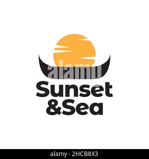 wood boat with sunset logo design vector graphic symbol icon sign illustration creative idea Stock Vector